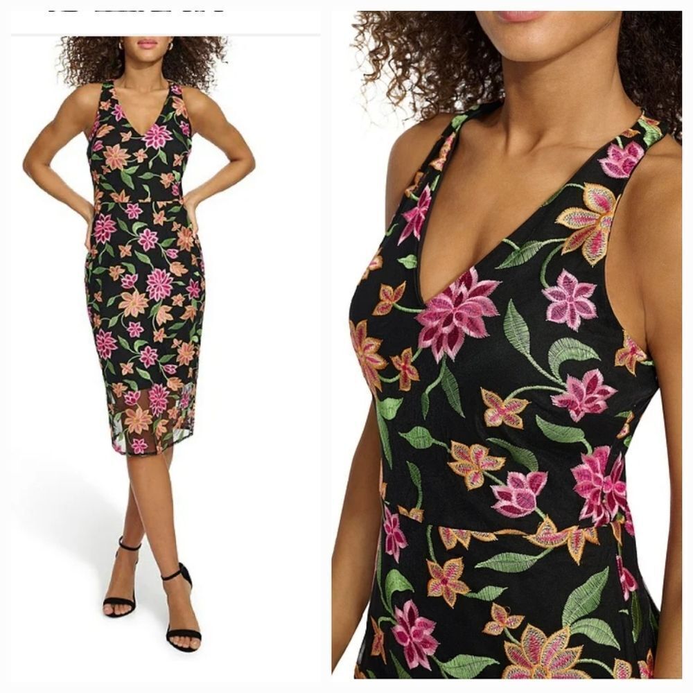 NWT SIENA Floral Embroidered Mesh V-Neck Sleeveless Sheer Hem Dress Size 4